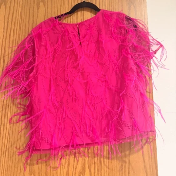 Bright Pink Feather-Trim Short Sleeve Top - Picture 4 of 4